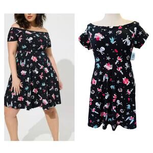 Torrid 2 (2X 18/20) Betsey Johnson Skater‎ Mini Off Shoulder Tattoo Skull Dress